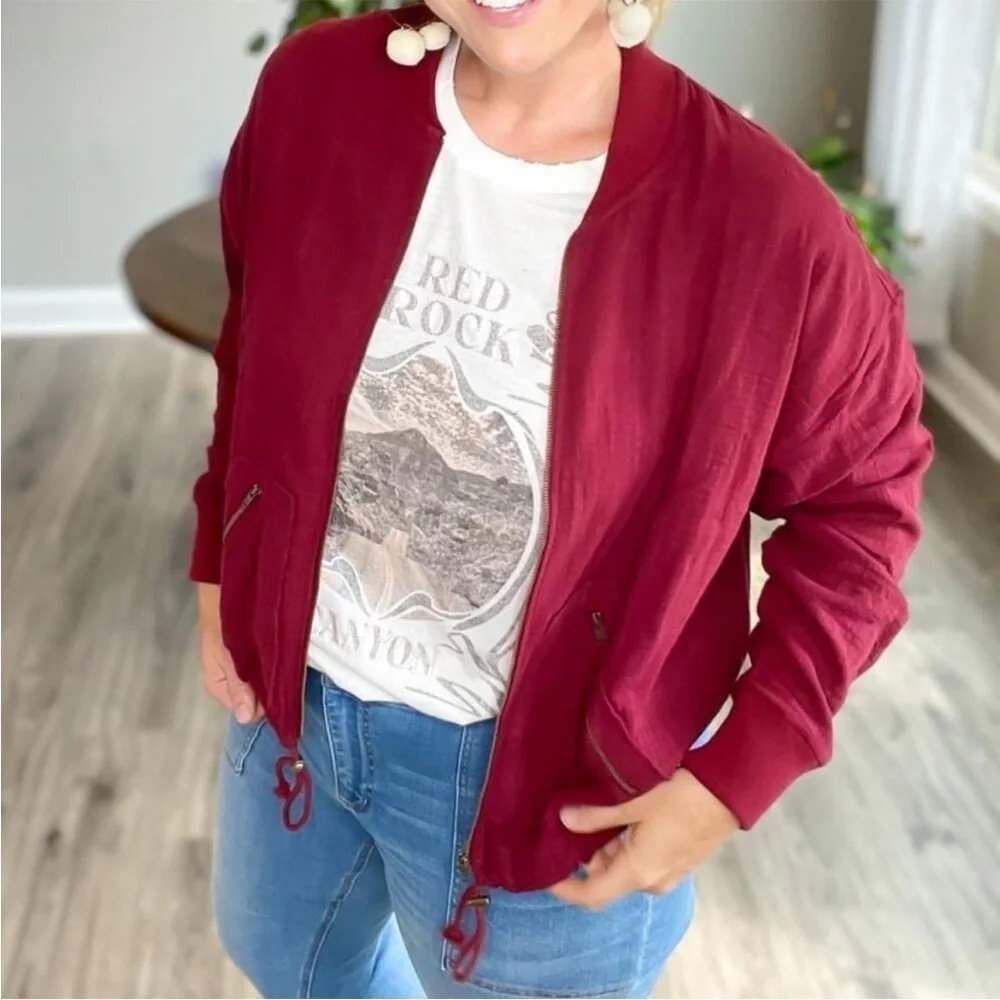 Matilda Jane Jacket Crimson Burgundy Lightweight Zipper Gauze NWOT
